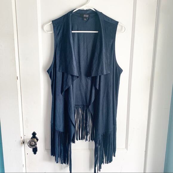 Country Faux Suede Fringe Vest Blue Accent Layer Western Style Small Waterfall S - Picture 2 of 6